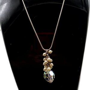 Faceted AB Crystal Pendant & Faux Pearl Necklace on Woven Silver-tone Chain